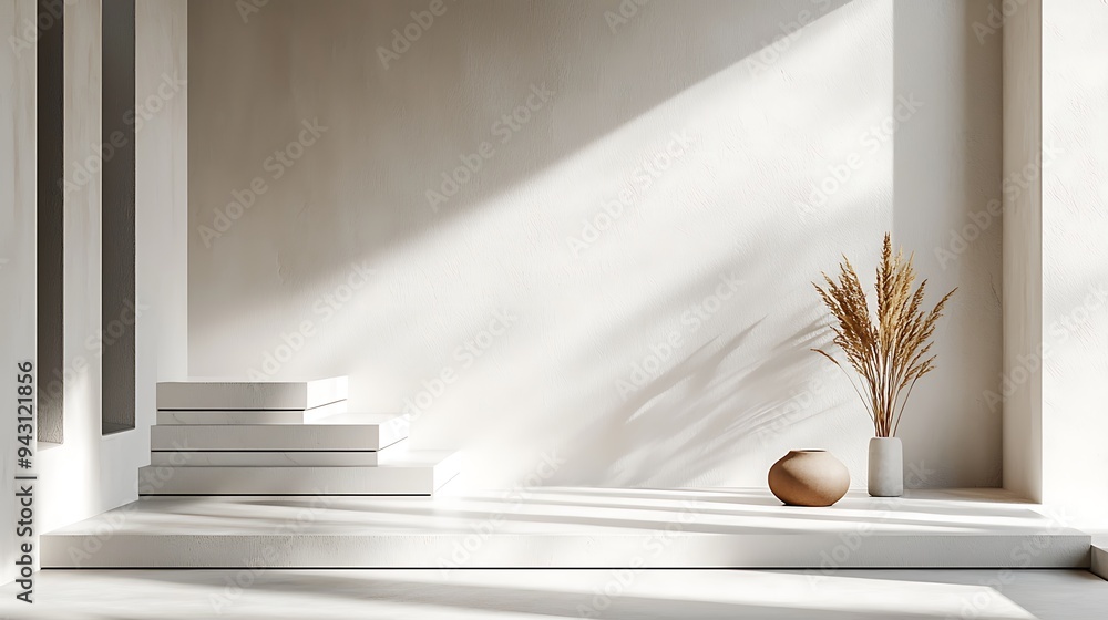 A minimalist white platform is bathed in natural light, accented by the soft texture of dried grass. A minimalist white platform is bathed in natural light, accented by the soft texture of dried grass.