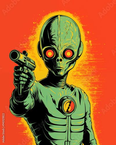 Alien with Ray Gun in Retro Sci-Fi Pop Art Style on Orange Background