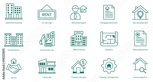 Real Estate Vector Icon Set: Apartment Building, For Rent Sign, Real Estate Agent, Mortgage Document, New Development, Condominium, Construction Site, Office Building, Blueprint, Rental Agreement etc