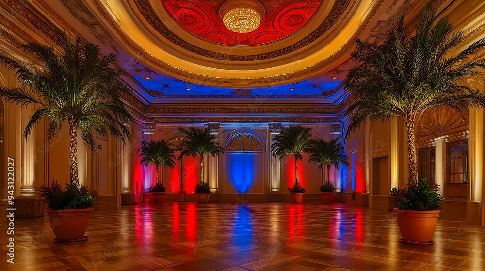 Fototapeta premium Opulent Ballroom with Ornate Ceiling Details, Potted Palm Trees, and Warm Lighting Accented by Red and Blue Uplighting