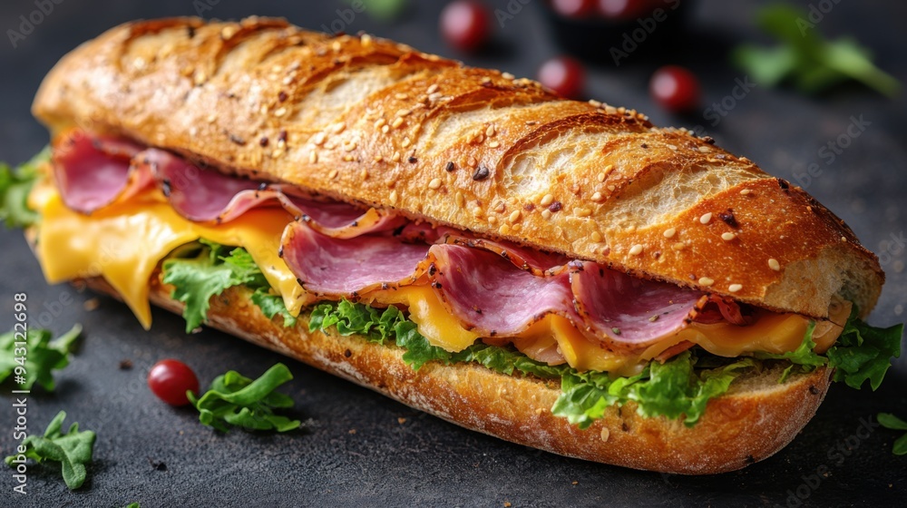 A baguette sandwich with ham, cheese and lettuce. A baguette sandwich with ham, cheese and lettuce.