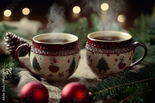 Christmas Hot Cocoa in Festive Mugs with Ornaments and Pinecones - Cozy Holiday Ambiance