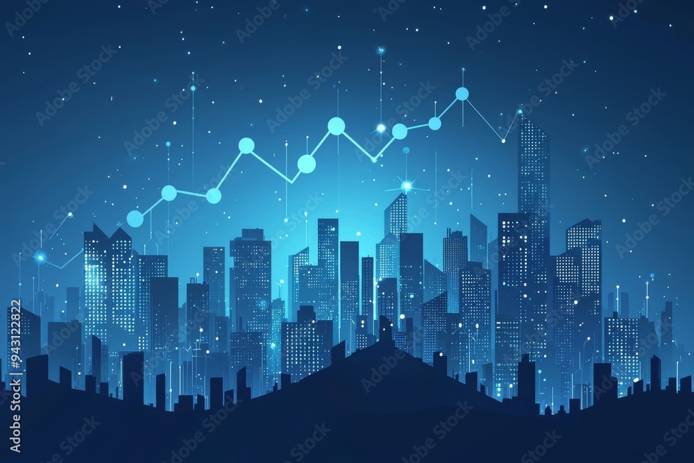 Modern cityscape with upward business growth chart and illuminated skyline Modern cityscape with upward business growth chart and illuminated skyline