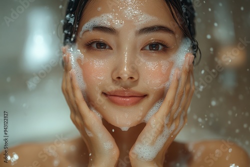 a beautiful asian woman is washing her face.