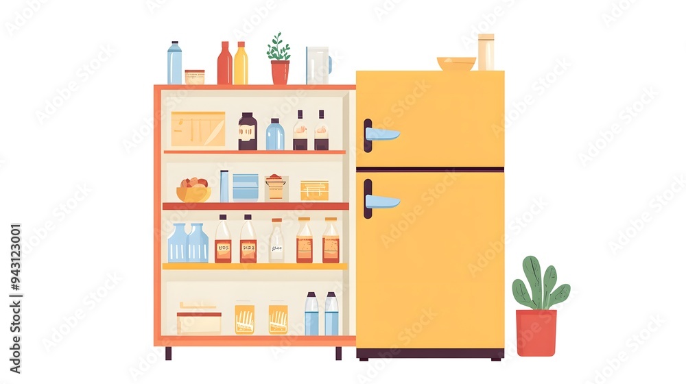 Kitchen Cabinet With Refrigerator And Plants. Kitchen Cabinet With Refrigerator And Plants.