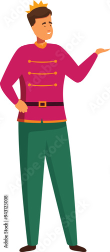 Handsome prince charming wearing crown standing and pointing aside