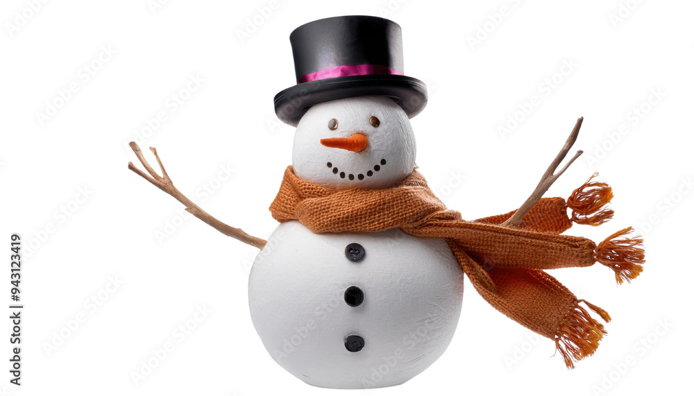 Cheerful snowman adorned with a black top hat, an orange scarf, twig arms ,cut out transparent isolated PNG Cheerful snowman adorned with a black top hat, an orange scarf, twig arms ,cut out transparent isolated PNG