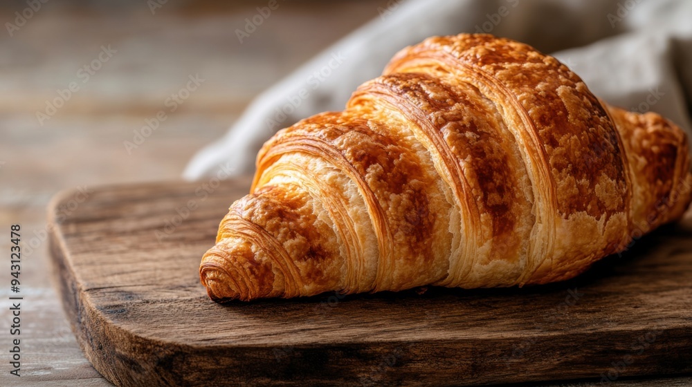 Close-up of a freshly baked croissant on a rustic wooden board Close-up of a freshly baked croissant on a rustic wooden board