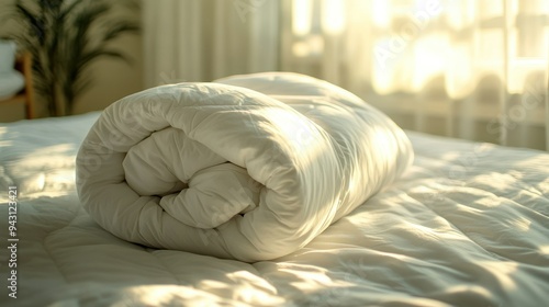 A white blanket is laying on a bed