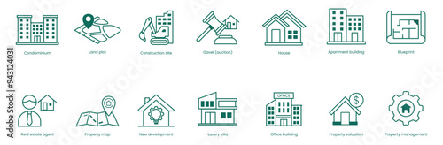 Real Estate Vector Icon Set: Condominium, Land Plot, Construction Site, Auction, House, Apartment Building, Blueprint, Plan Drawing, Real Estate Agent, Property Map, House Renovation