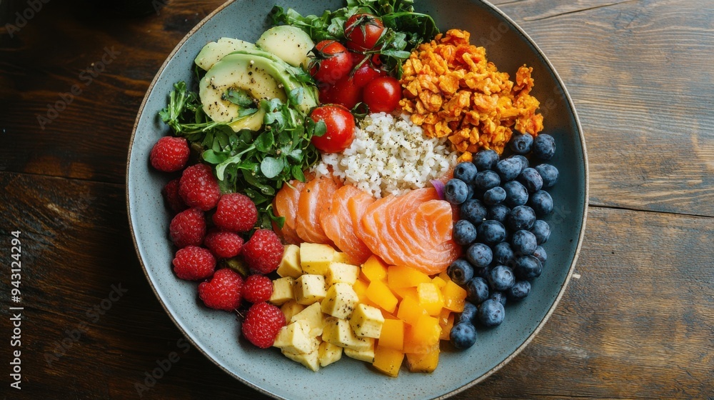 A well-balanced and colorful plate featuring a variety of healthy foods A well-balanced and colorful plate featuring a variety of healthy foods
