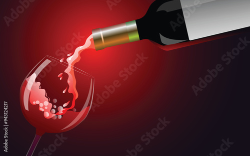 Red wine pouring from bottle into glass on red background