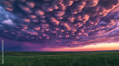 Rolling clouds over a serene green landscape during twilight photo