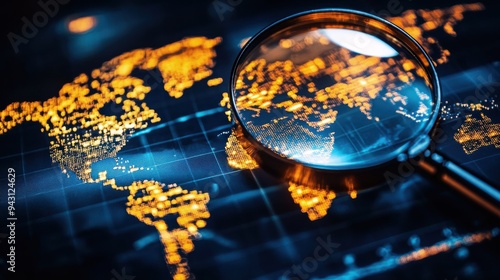 Close-up of a magnifying glass over a digital world map highlighting global connections, international data analysis, and exploration. photo