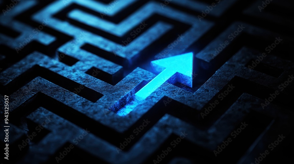 Glowing blue arrow in a dark maze symbolizing direction, guidance, and solutions. Represents navigation and finding the right path. Glowing blue arrow in a dark maze symbolizing direction, guidance, and solutions. Represents navigation and finding the right path.