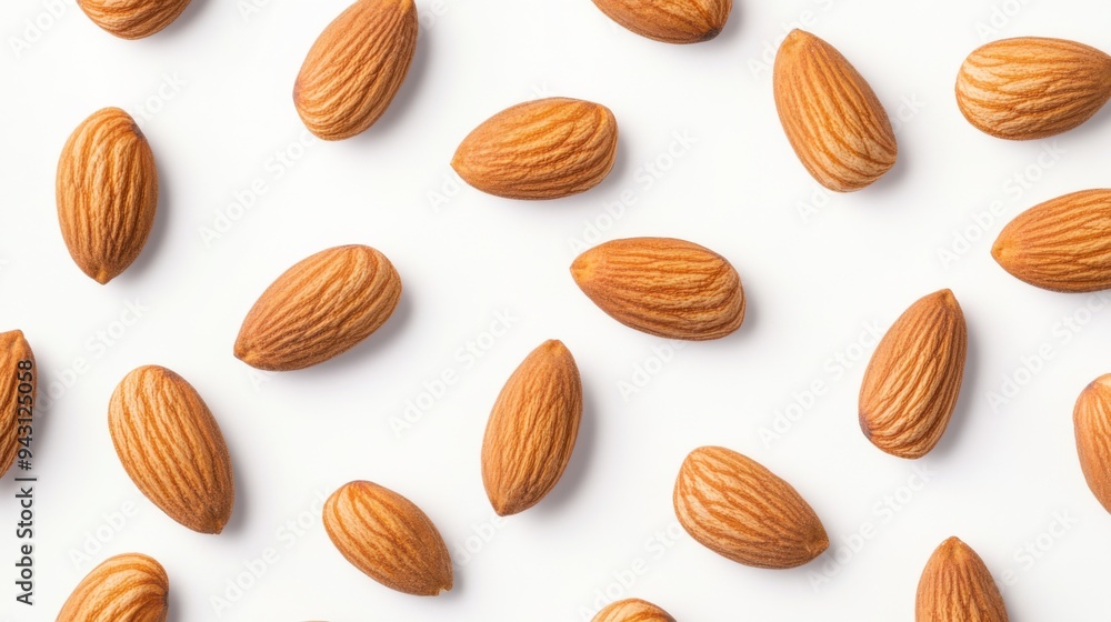 Flat lay of almonds isolated against a white background Flat lay of almonds isolated against a white background