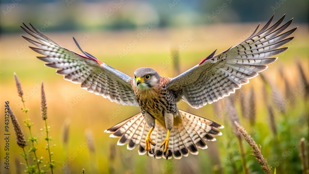 Fototapeta premium A kestrel soars above the field, wings outstretched, tail feathers splayed, frozen in a pose of effortless flight.