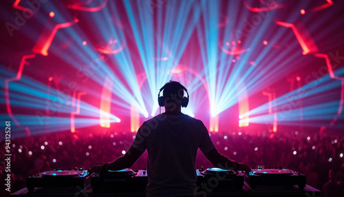 A DJ's silhouette dominates a vibrant concert stage, backlit by neon lights and lasers in an electrifying atmosphere.







