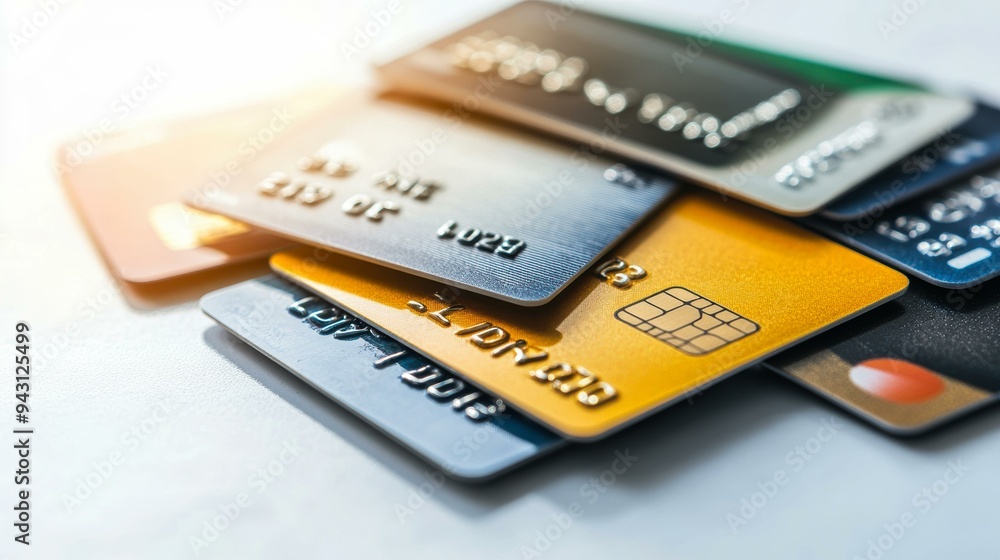 A close-up image of several stacked credit cards in different colors, perfect for illustrating financial concepts, online shopping, banking services, credit solutions, or cashless transactions, A close-up image of several stacked credit cards in different colors, perfect for illustrating financial concepts, online shopping, banking services, credit solutions, or cashless transactions,