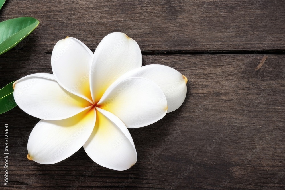 Plumeria flower over a wooden background with a copy space Plumeria flower over a wooden background with a copy space