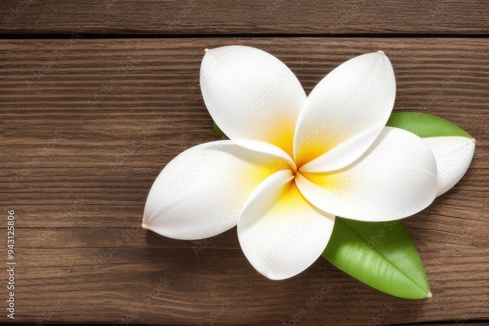Plumeria flower over a wooden background with a copy space Plumeria flower over a wooden background with a copy space