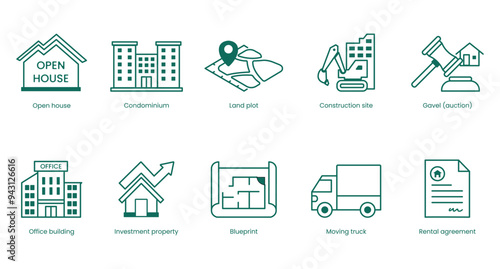 Real Estate Vector Icon Set: Open House, Condominium, Land Plot, Construction Site, Auction, Office Building, Investment Property, Blueprint, Moving Truck, Rental Agreement