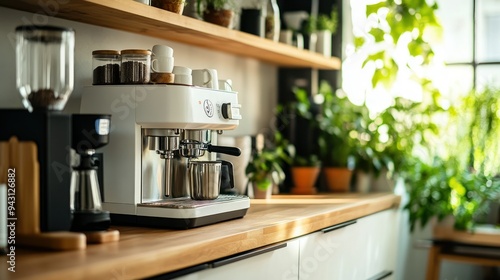 A white coffee maker sits on a wooden counter in a kitchen