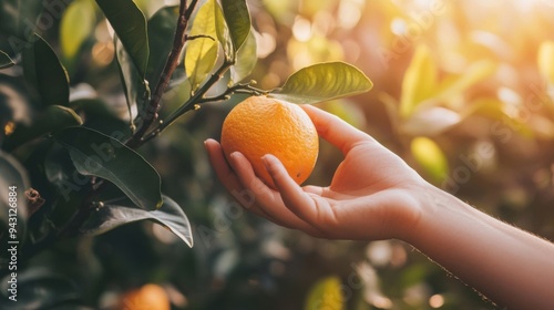 Close up of a persons hand picking a fresh orange from a tree in summer