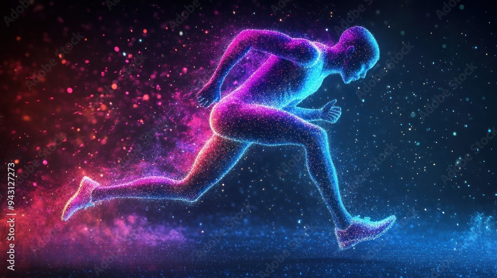 A man is running in a colorful, neon background A man is running in a colorful, neon background
