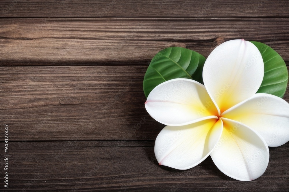 Plumeria flower over a wooden background with a copy space Plumeria flower over a wooden background with a copy space