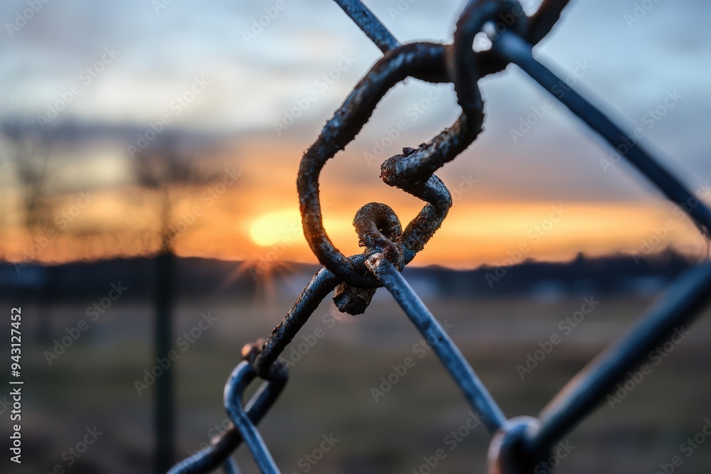 A detailed close-up of a rusty chain fence with the warm, glowing light of a setting sun in the background, evoking themes of time, decay, and the passage of moments. A detailed close-up of a rusty chain fence with the warm, glowing light of a setting sun in the background, evoking themes of time, decay, and the passage of moments.