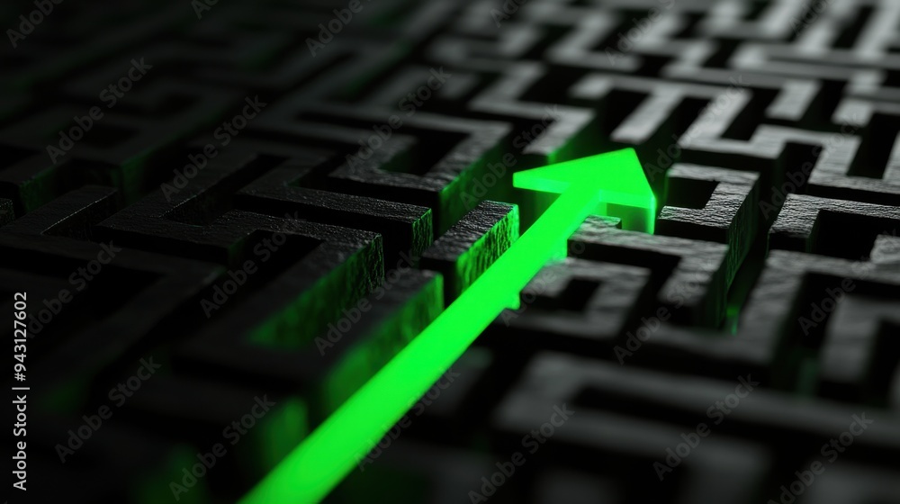 A glowing green arrow cutting through a dark maze, symbolizing progress, direction, and finding solutions in challenging situations. A glowing green arrow cutting through a dark maze, symbolizing progress, direction, and finding solutions in challenging situations.