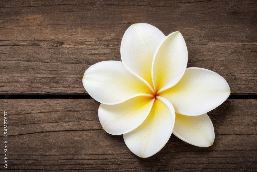 Plumeria flower over a wooden background with a copy space Plumeria flower over a wooden background with a copy space