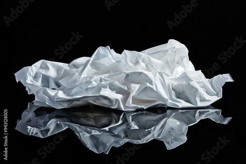 Crumpled tissues, white disposable wet wipes isolated on black