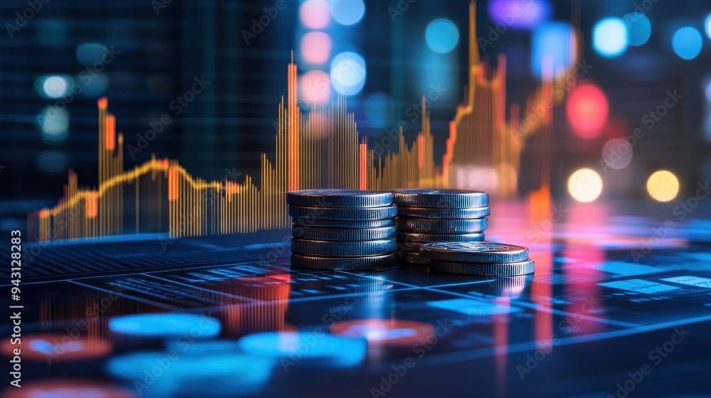 A stack of coins is on top of a graph with a red line A stack of coins is on top of a graph with a red line