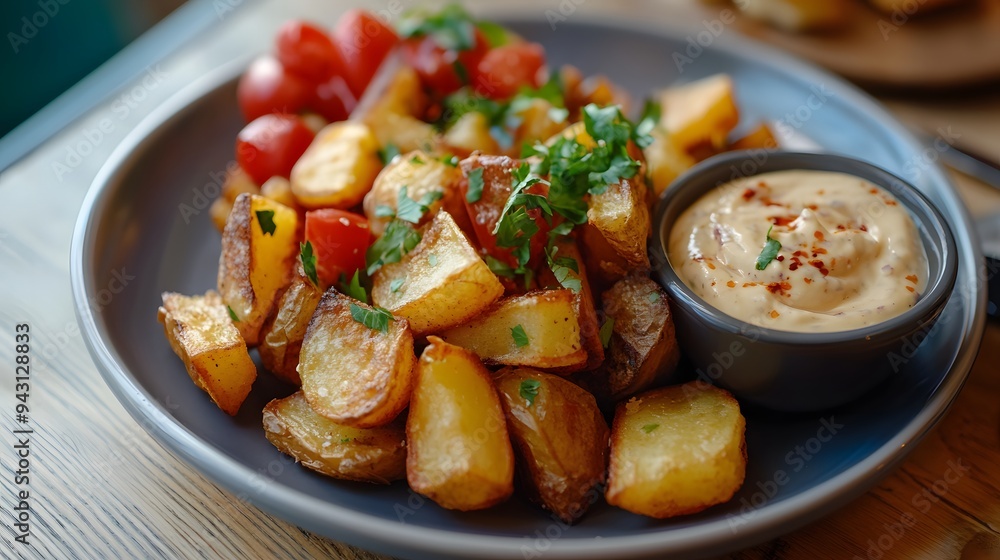 121. A plate of Spanish patatas bravas with spicy aioli 121. A plate of Spanish patatas bravas with spicy aioli