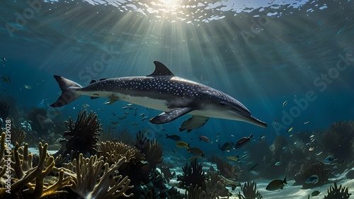 A curious Atlantic spotted dolphin investigating an underwater kelp forest.The ocean floor below is a mix of white sand and colorful sea creatures. photo