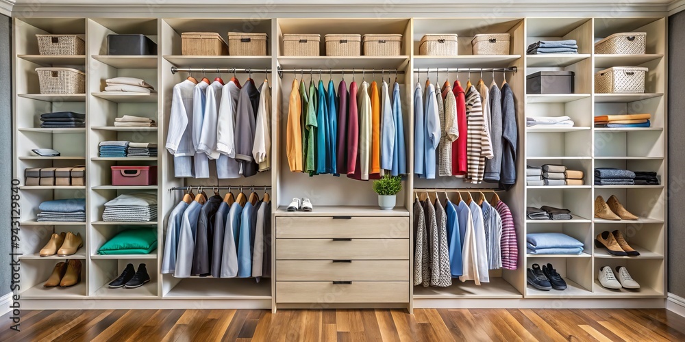 A tidy closet reveals a symphony of colors, with freshly folded clothes stacked precisionely on shelves and neatly hung garments draped elegantly. A tidy closet reveals a symphony of colors, with freshly folded clothes stacked precisionely on shelves and neatly hung garments draped elegantly.