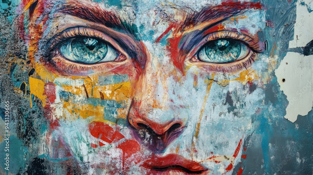 A colorful painting of a woman's face with blue eyes A colorful painting of a woman's face with blue eyes