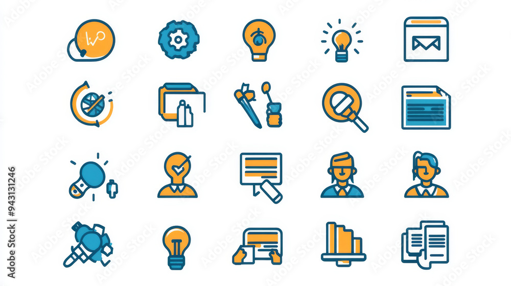 Collection of workshop web icons in line design. Icons for business workshops suitable for web and mobile applications. Includes elements like team building, collaboration, training, meetings. Collection of workshop web icons in line design. Icons for business workshops suitable for web and mobile applications. Includes elements like team building, collaboration, training, meetings.