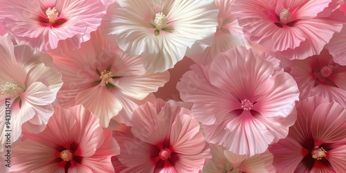 A cluster of pink and white flower heads, arranged against a light pink background, the pastel tones highlighting the natural beauty of the blossoms. photo