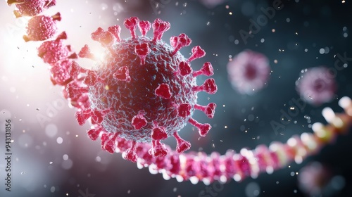 A detailed diagram of a human immunodeficiency virus (HIV), highlighting its envelope, capsid, and reverse transcriptase. photo