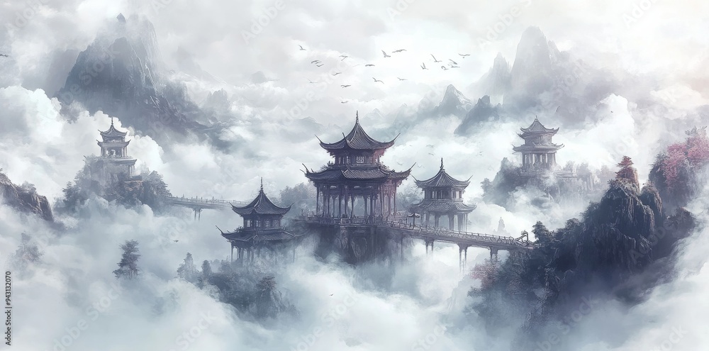 A Chinese-style cloud landscape painting, featuring Chinese architecture with pavilions and towers. A Chinese-style cloud landscape painting, featuring Chinese architecture with pavilions and towers.