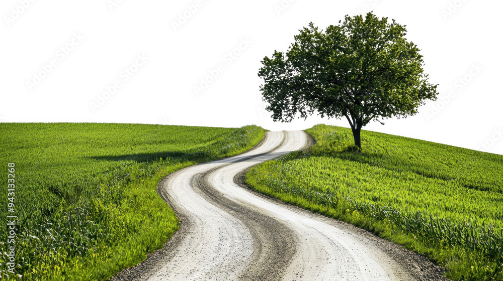Winding dirt road through vibrant green fields, solitary tree on hillside cut out transparent isolated on white background PNG Winding dirt road through vibrant green fields, solitary tree on hillside cut out transparent isolated on white background PNG