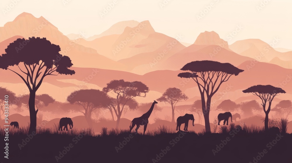 African savanna landscape with acacia trees, elephant and giraffe silhouettes on a flat background. African savanna landscape with acacia trees, elephant and giraffe silhouettes on a flat background.