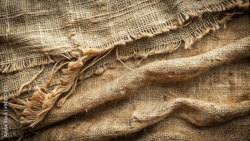 photo image of worn, distressed fabric with frayed edges, rough texture, and subtle sheen, rendered in muted color palette with earthy tones. photo