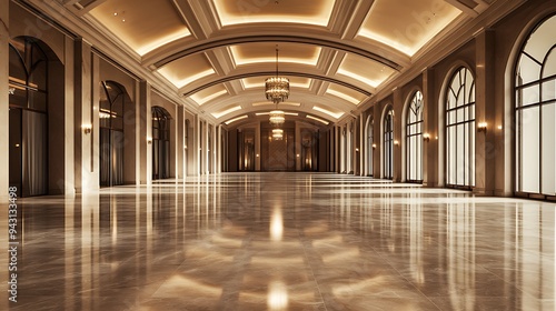 Rich, empty event space featuring high vaulted ceilings, glossy marble floors, and delicate lighting accents