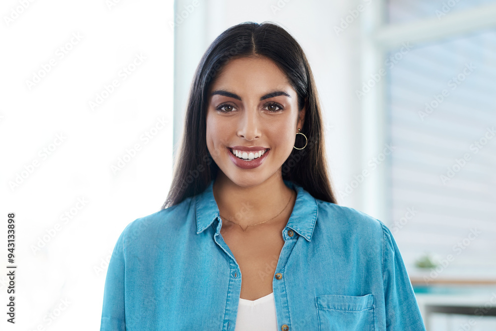 Portrait, business and woman with smile in office for creative career, designer experience and ambition of agency. Happy, female person and pride for about us, opportunity and startup development Portrait, business and woman with smile in office for creative career, designer experience and ambition of agency. Happy, female person and pride for about us, opportunity and startup development