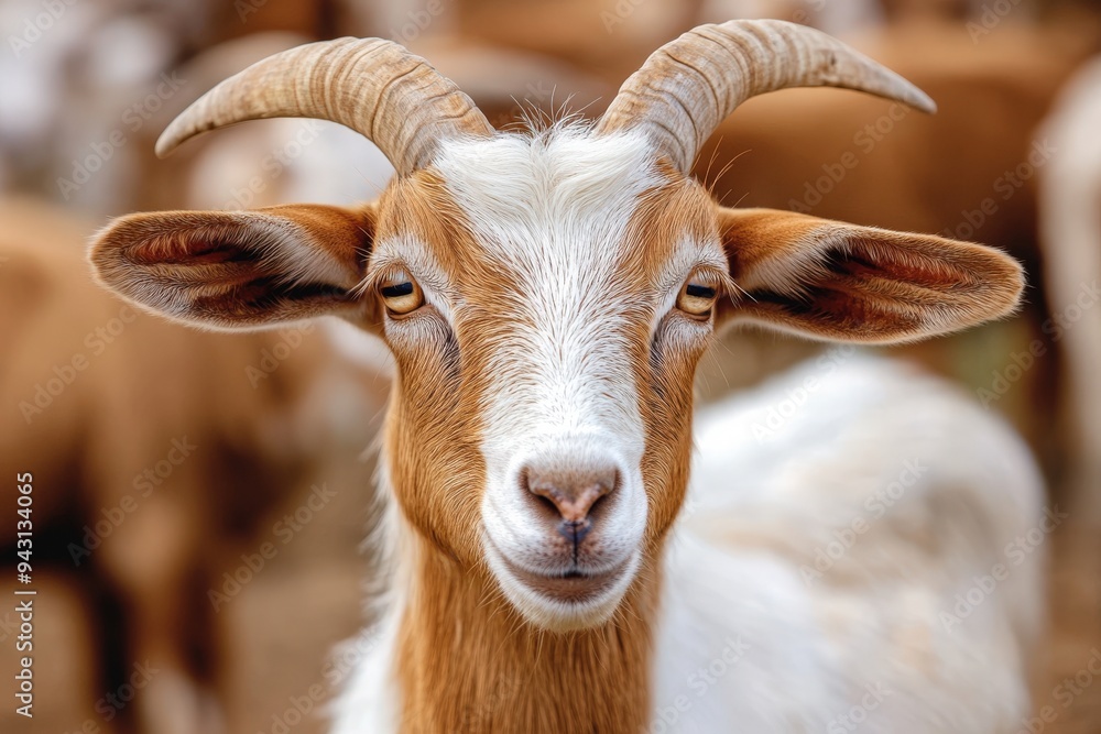 This close-up photograph captures a goat with a calm and curious expression, standing against a blurred background of other animals, showcasing natural beauty and simplicity. This close-up photograph captures a goat with a calm and curious expression, standing against a blurred background of other animals, showcasing natural beauty and simplicity.