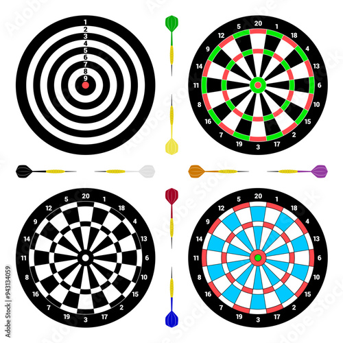 Dartboards and Colorful Darts Vector Set photo